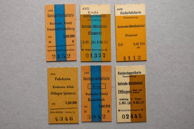 6 Edmondsonsche Fahrkarten, Albtal-Verkehrs-Gesellschaft, AVG, ca. 70er Jahre