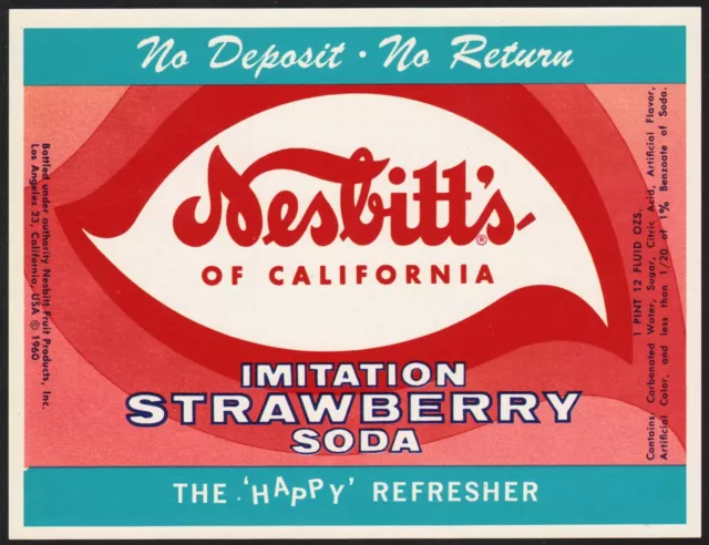 Vintage soda pop bottle label NESBITTS STRAWBERRY 1960 Los Angeles California