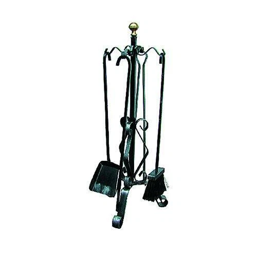 COMPLETO SET 4 ATTREZZI CAMINO 'LISCIO' in ferro Battuto  H cm 67