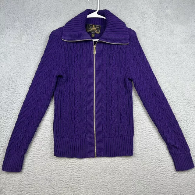 Lauren Ralph Lauren Black Label Sweater Womens Large Purple Full Zip Cable Knit