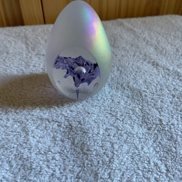 Egg Shaped Purple Flower Art Glass Signed Paperweight