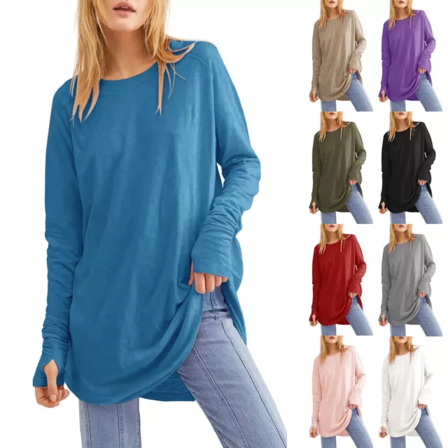 Women's Casual Long Sleeve Tops Crew Neck Round Hem Loose T-Shirts Tunic Tops