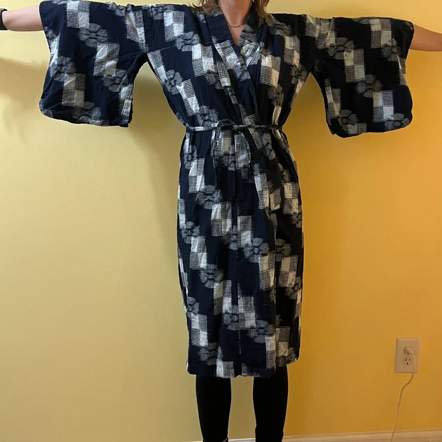 RARE Vintage Japanese Yukata Casual Kimono Handmade Cotton Blue Print Size S