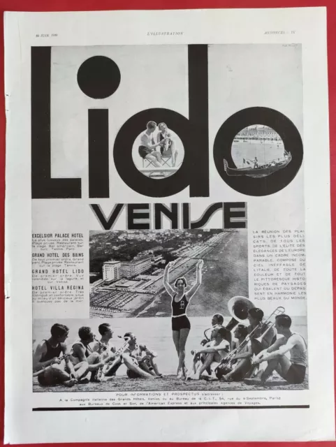 Publicité de presse 1930 Tourisme Italie LIDO VENISE + Dos AX LES THERMES