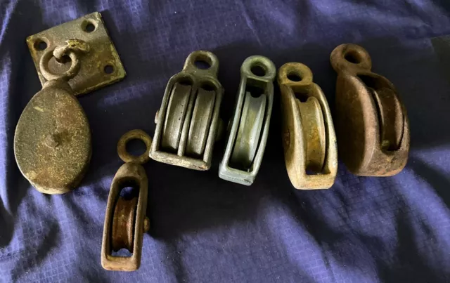 BG1223 Vtg Small Cast Metal Pulleys 5 Single & 1 Double Sailing Rigging Lot x6
