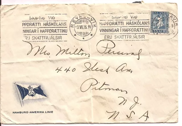 1936 Reykjavik Iceland Slogan cancel Cover To NJ USA Hamburg-Amerika Linie Logo