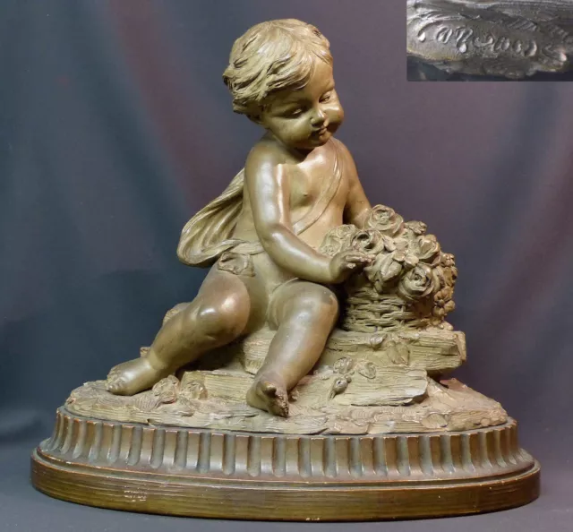 AA 19èm jolie grande sculpture terre cuite signée chérubin putto fleur 43cm9.5kg