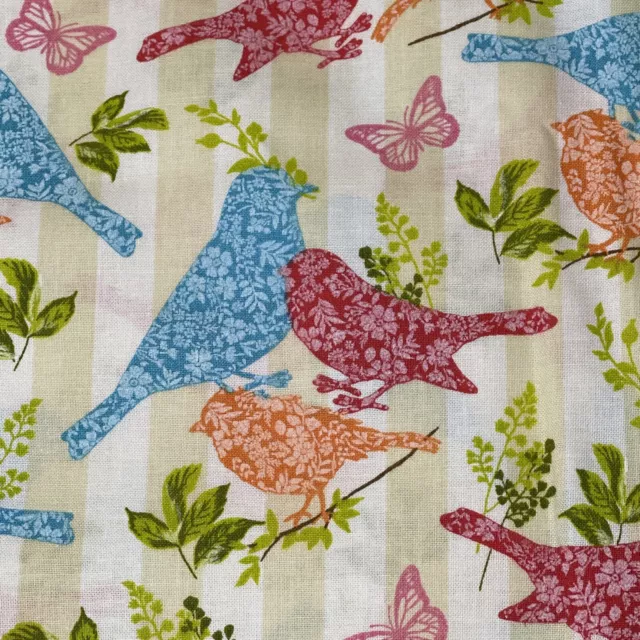 Striped Birds & Butterflies Cotton Fabric - FQ Fat Quarter Or Continuous Cut