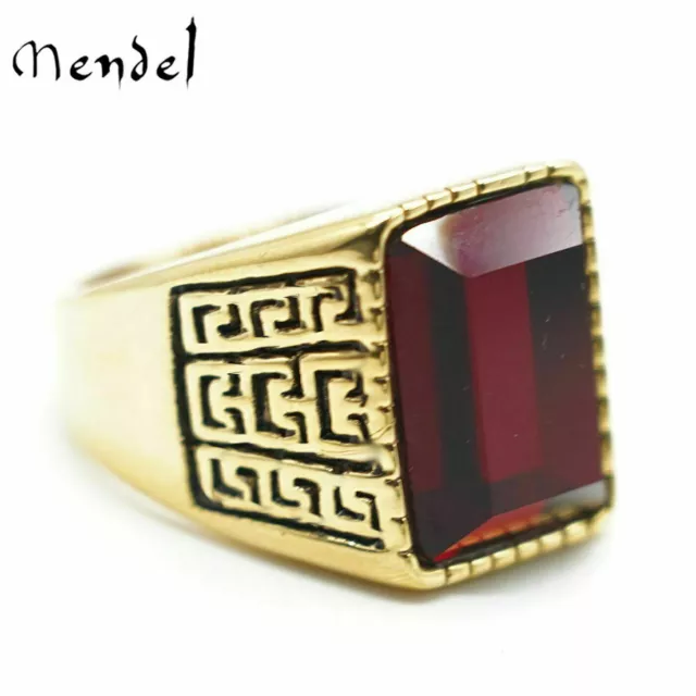 MENDEL Mens Gold Plated Stainless Steel Red CZ Crystal Stone Ring Men Size 7-15