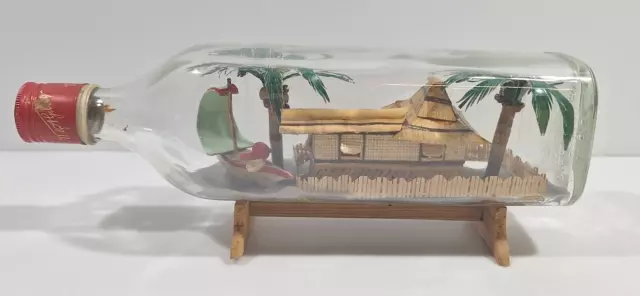Vintage Ship in a Bottle 12" Handmade Bamboo Island Bungalow Sailboat Palm Tree