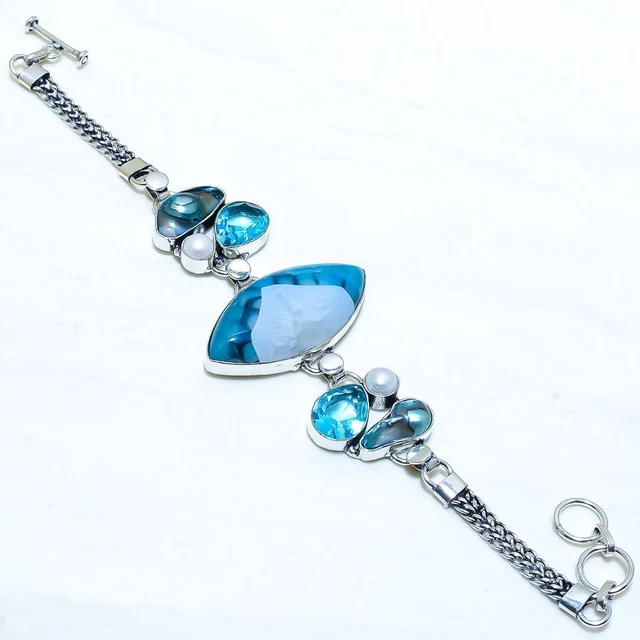 Dragon Vein Agate, Biwa Pearl Gemstone Silver Jewelry Bracelet 7-8" BRJR3406