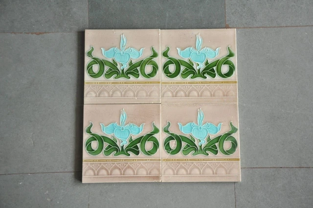 4 Pc Vintage HS Mark Flower Embossed Colorful Ceramic Tiles,Japan