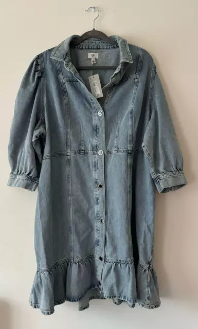 River Island Plus Tinket T Frill Mini Denim Shirt Dress Light Blue Size 26 BNWT