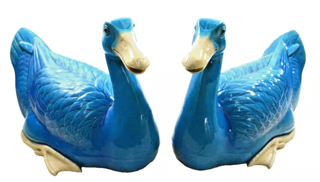 Beautiful Chinese Large Pair of Turquoise Blue Glazed Porcelain Ducks 15"