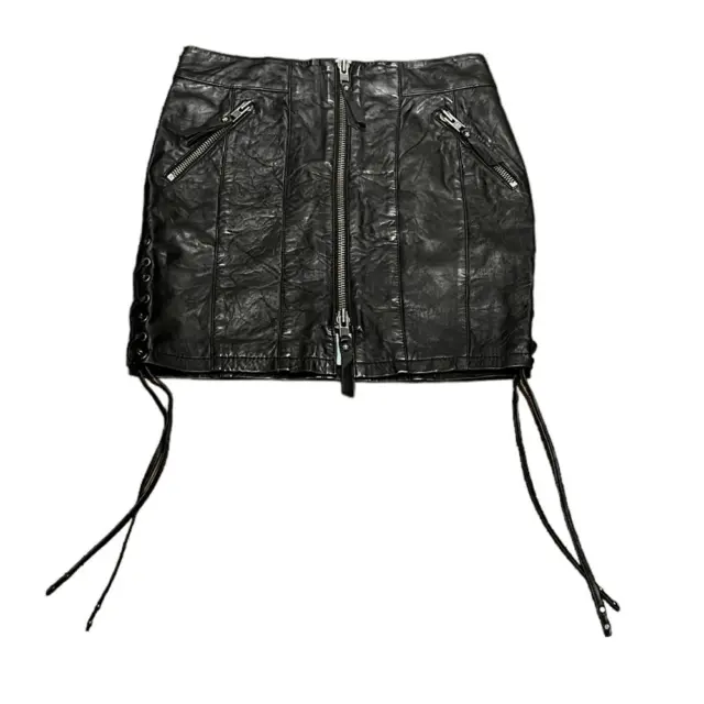 NWT Harley-Davidson Women's Genuine Lambskin Leather Front Zip Mini Skirt, 0