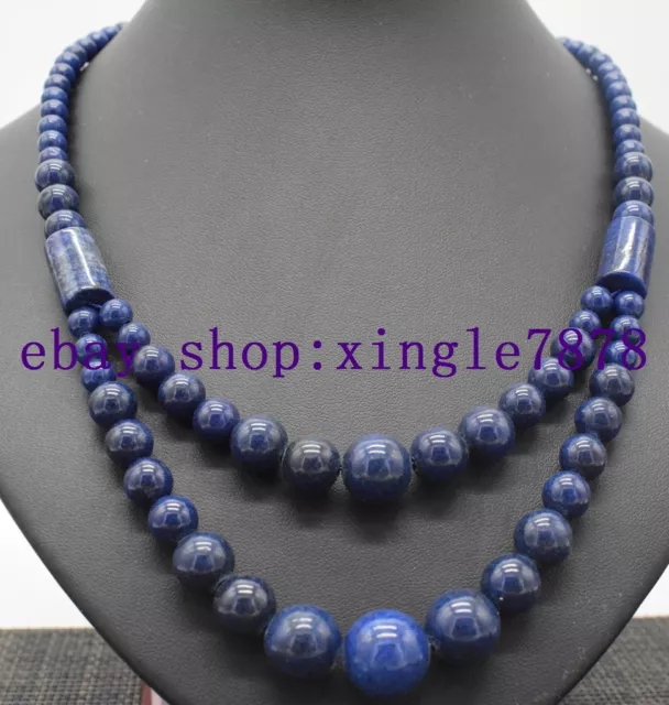 Natural 2 Rows 6-14mm Blue Lapis Lazuli Round Gemstone Beads Necklace 18-19" AAA