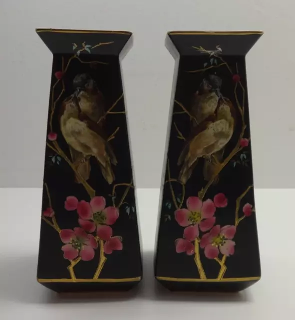 Vintage Vase Pair Of Japanese Flower & Bird Black Algiers England Matching Pair 2