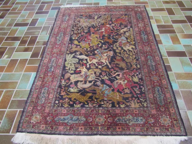 Alter Handgeknüpfter Perser Orientteppich GHOM Jagdszene Carpet Rug 188x123cm 2