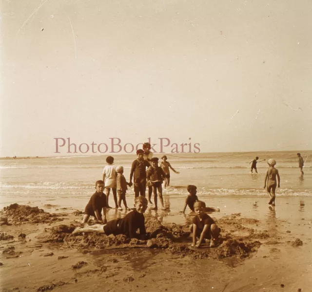France Enfants à la plage c1930 Photo Plaque Stereo Vintage V33L19n