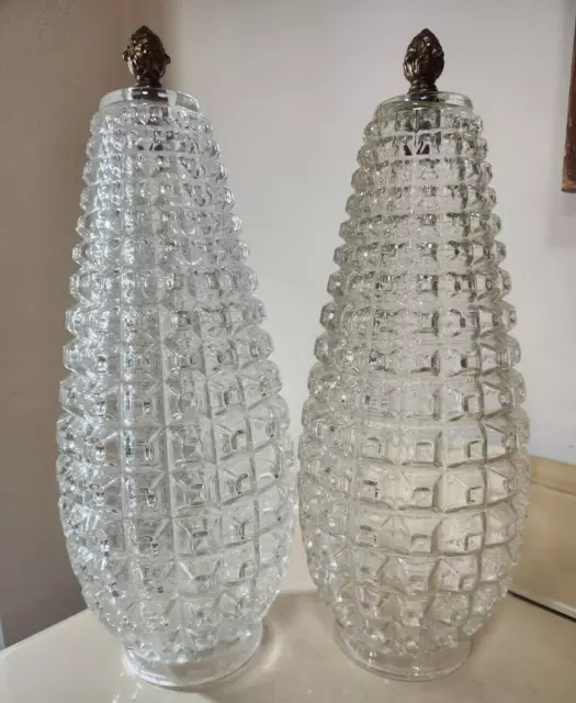 Pair of Vintage MCM Clear Glass Pendant Swag Lamp Pineapple SHADE ONLY 16" Tall