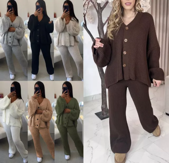 Ladies Chunky Knitted Button Up Cardigan Wide Leg Trousers Co ord Loungewear Set