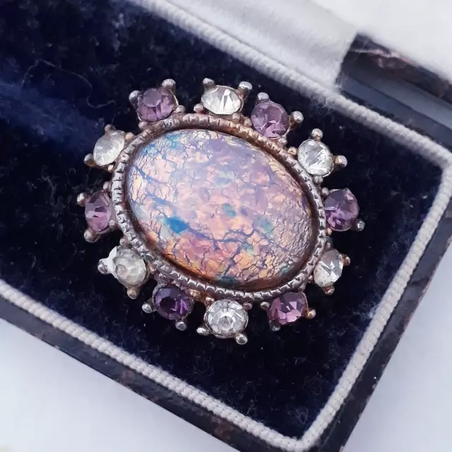 Vintage Glowing Glass Fire Opal Dragons Breath Glass Amethyst & Clear Pin Brooch