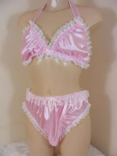 SISSY SILKY PINK satin bra panties set underwear top mens lingerie knickers  £32.50 - PicClick UK