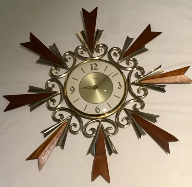 Vintage 1970's Large 20" Paico Starburst / Sunburst Mechanical Wall Clock, Teak