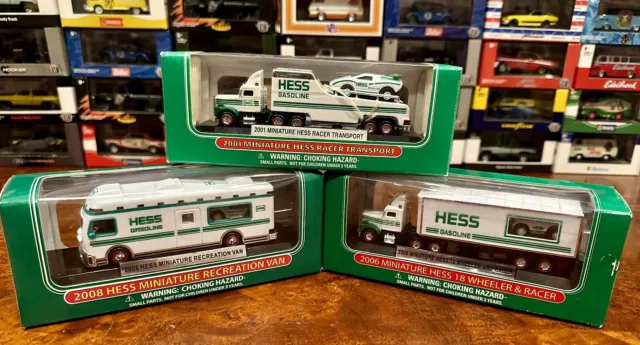 Hess Miniature  Vehicles Lot Of 3 Haulers With Race Cars. 2001, 2006, 2008