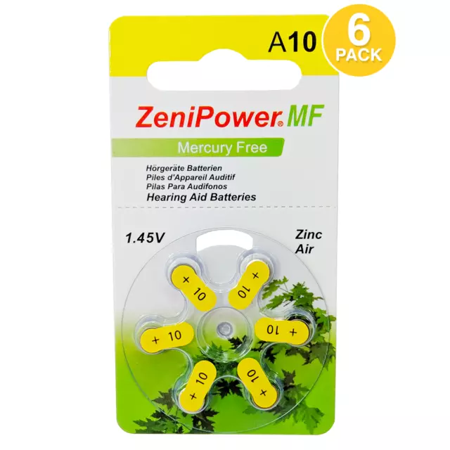 ZeniPower Size 10 1.45V Zinc Air Mercury-Free Hearing Aid Battery (6 Pack)