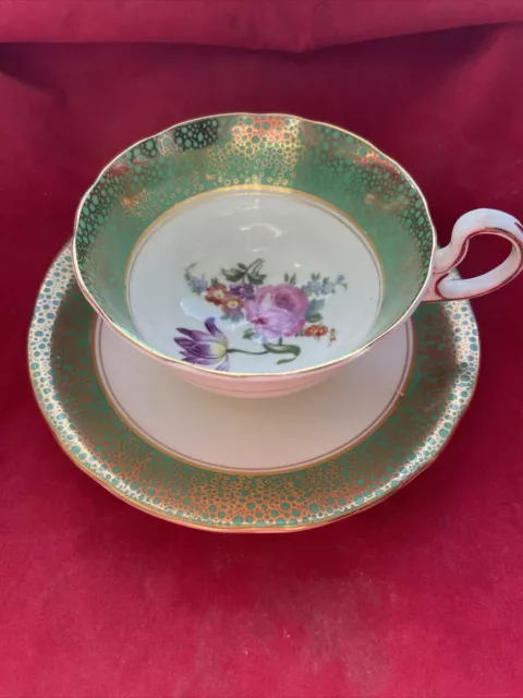 Aynsley Bone China Teacup & Saucer. Green & Gold With Pink Rose
