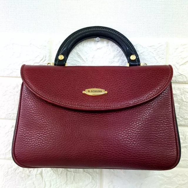 a.testoni Leather Handbag Red Black made in Italy Used from Japan