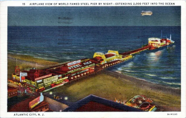 Atlantic City New Jersey Postcard 1940 Steel Pier Night Aerial View Blimp OO