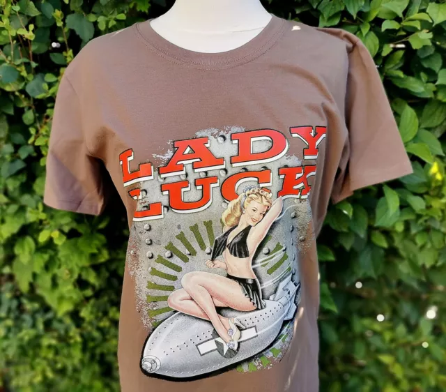 Pin Up DamenT-Shirt  XS-XXL Lady Luck Rockabella Mocca Braun Rockabilly Vintage