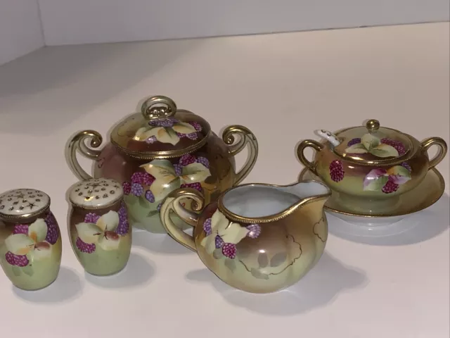 Hand Painted Nippon Berries Creamer and Sugar Bowl Salt Pepper Jelly Bowl Lot