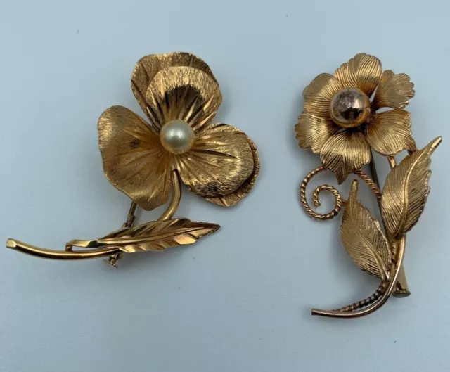 Broches Anciennes Plaque Or Forme Fleurs Perle Imitation  W316