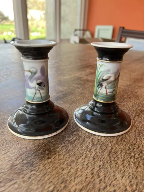 Antique Hand Painted Heron Water Reeds CandleStick Holders (Pair) Black Gold