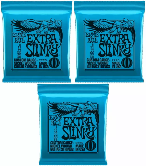 3 x Ernie Ball Extra Slinky Electric Guitar Strings 8 - 38. P/N 2225. 3 SETS