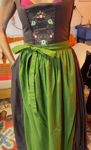 Dirndl in lino MarJo con grembiule e sottogonna, taglia 34, verde/marrone, mai indossato