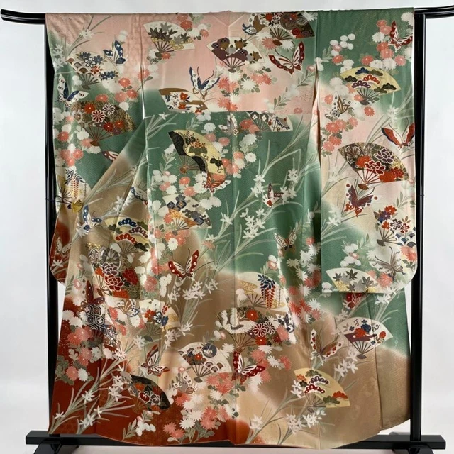 Japanese Kimono Furisode Pure Silk Fan Varnished With Flowers Grayish Green