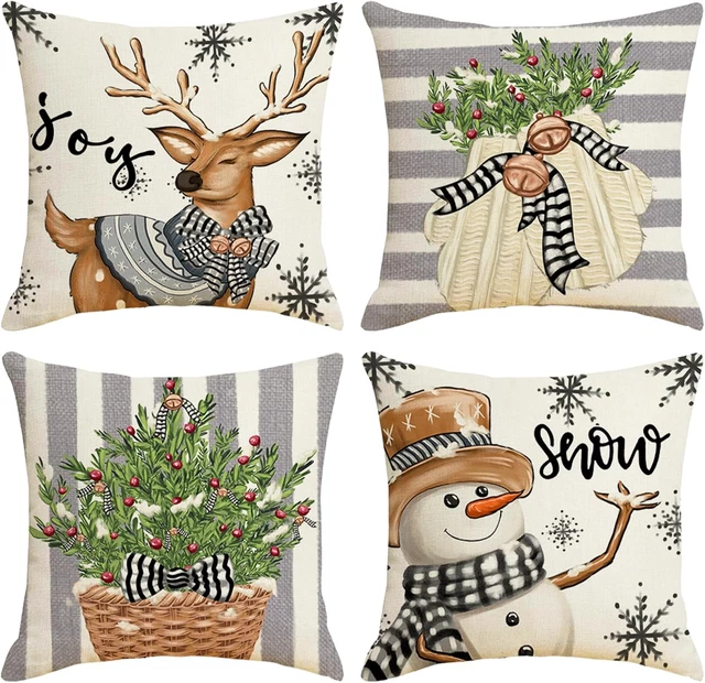 Cuscini Natalizi Per Divano - 4 Federe 50x50cm In Lino, Motivi Festivi, Decorazioni Casa Natale - Foto 2