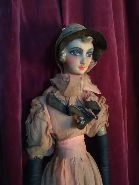 Rare French 1920's Boudoir Fabric Doll in Original Worn & Faded Fragile Garment.