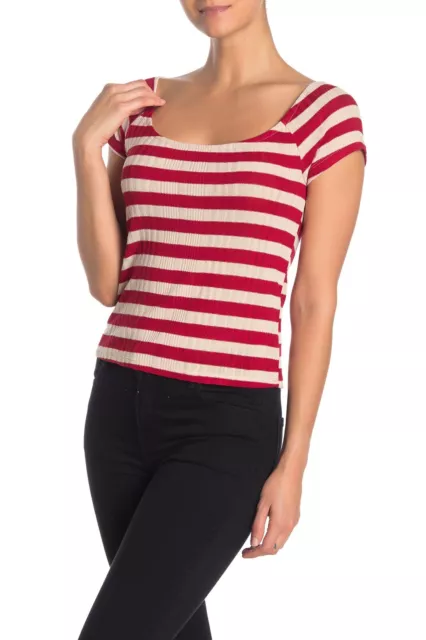 NEW PST Project Social T Red Cream Stripe Stretch Scoop Cap Sleeve Top Large L