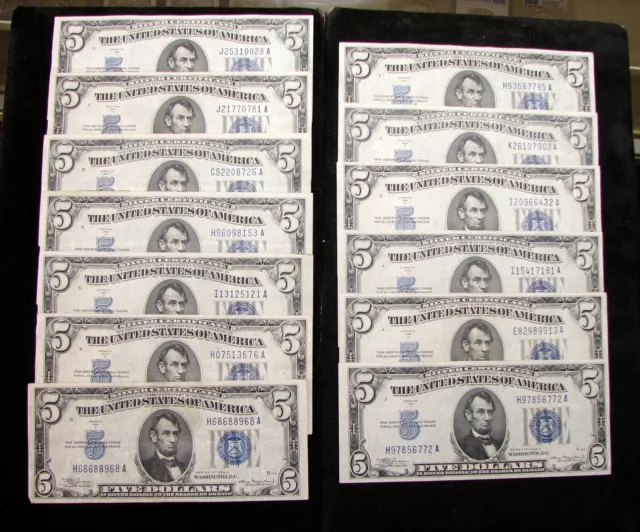 1934 A $5 Silver Certificate Blue Seal Currency Lot Of 13 High Grade Circ Notes
