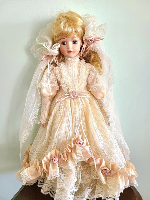 Vintage Collectible Duck House Heirloom Porcelain Doll in Beautiful Mesh Dress