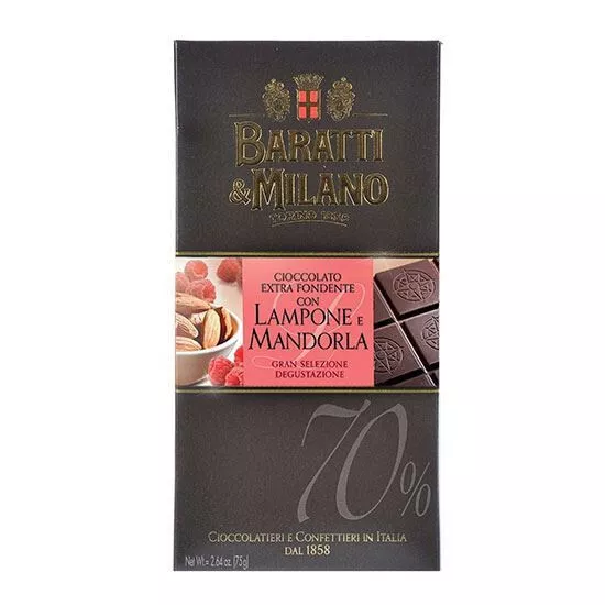 TAVOLETTA CIOCCOLATO EXTRA FONDENTE CON LAMPONE E MANDORLA BARATTI E MILANO 75g.