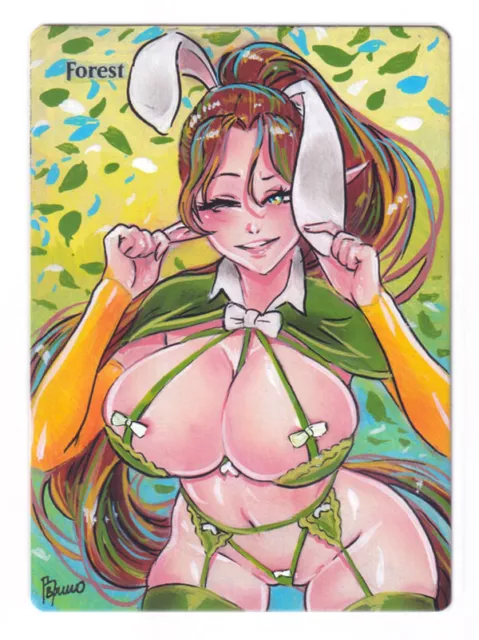 Hand Painted Altered Mtg Forest Land Card Anime Girl Bunny Nissa