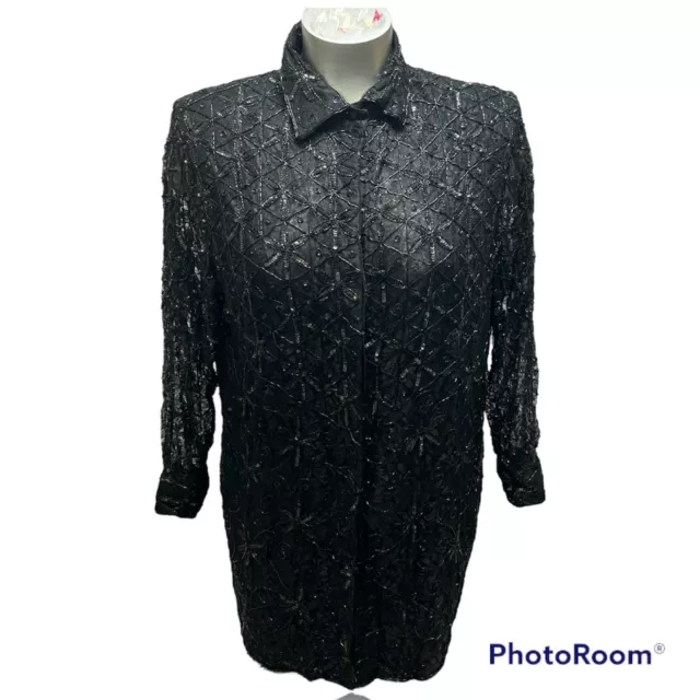 Vintage Judith Ann Plus Size 1X Sequin Beaded Long Floral Evening Jacket Black