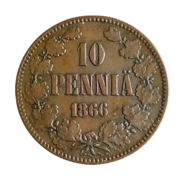 Finland - 10 PENNIÄ - 1866 - Russia Empire - Copper coin - Scarce Date