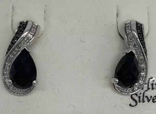 Sterling Silver Black Onyx W/ Diamonds Teardrop Shape Earrings New